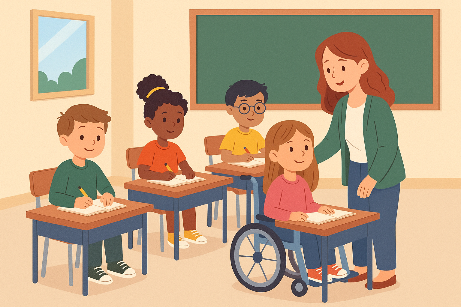 Illustration d'une classe inclusive avec enfants et accompagnant